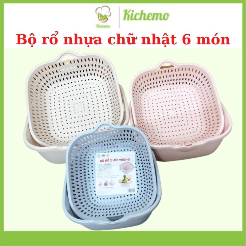 Set 3 cỡ Bộ rổ 2 lớp vuông  có chậu hứng nước hàng nhựa Cao cấp việt nhật