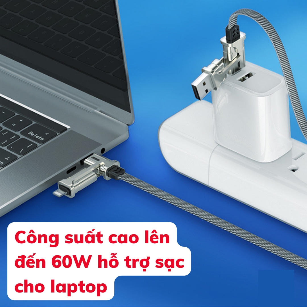 Dây Sạc Nhanh 4 Trong 1 TYPE-C & USB hỗ trợ sạc laptop, 1pad, 1phone - Cáp sạc nhanh 3 đầu dài 1.2m