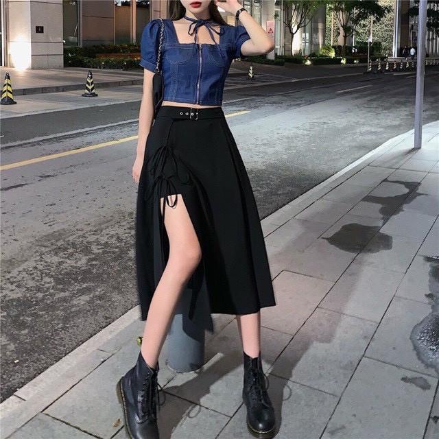 Chân váy xẻ đùi phối quần short và đai váy nữ dáng dài xẻ sườn thắt dây kèm đai cực phong cách 598