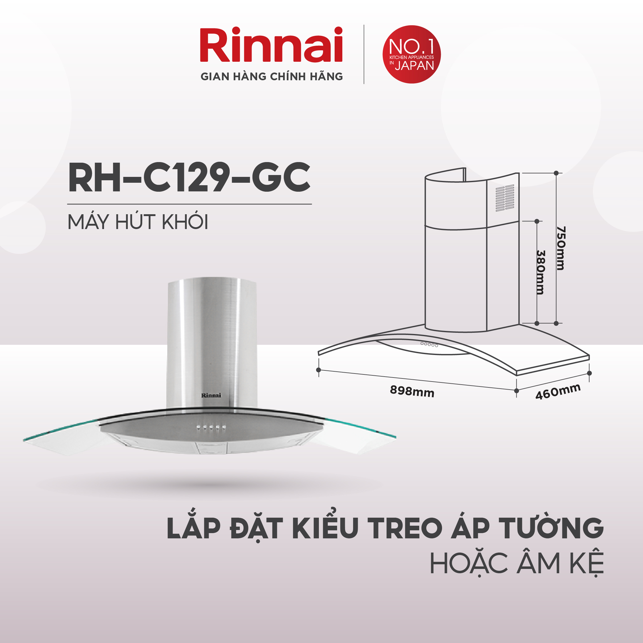 Máy hút mùi 90cm Rinnai RH-C129-GC than hoạt tính và ống thoát 260W - Hàng chính hãng.