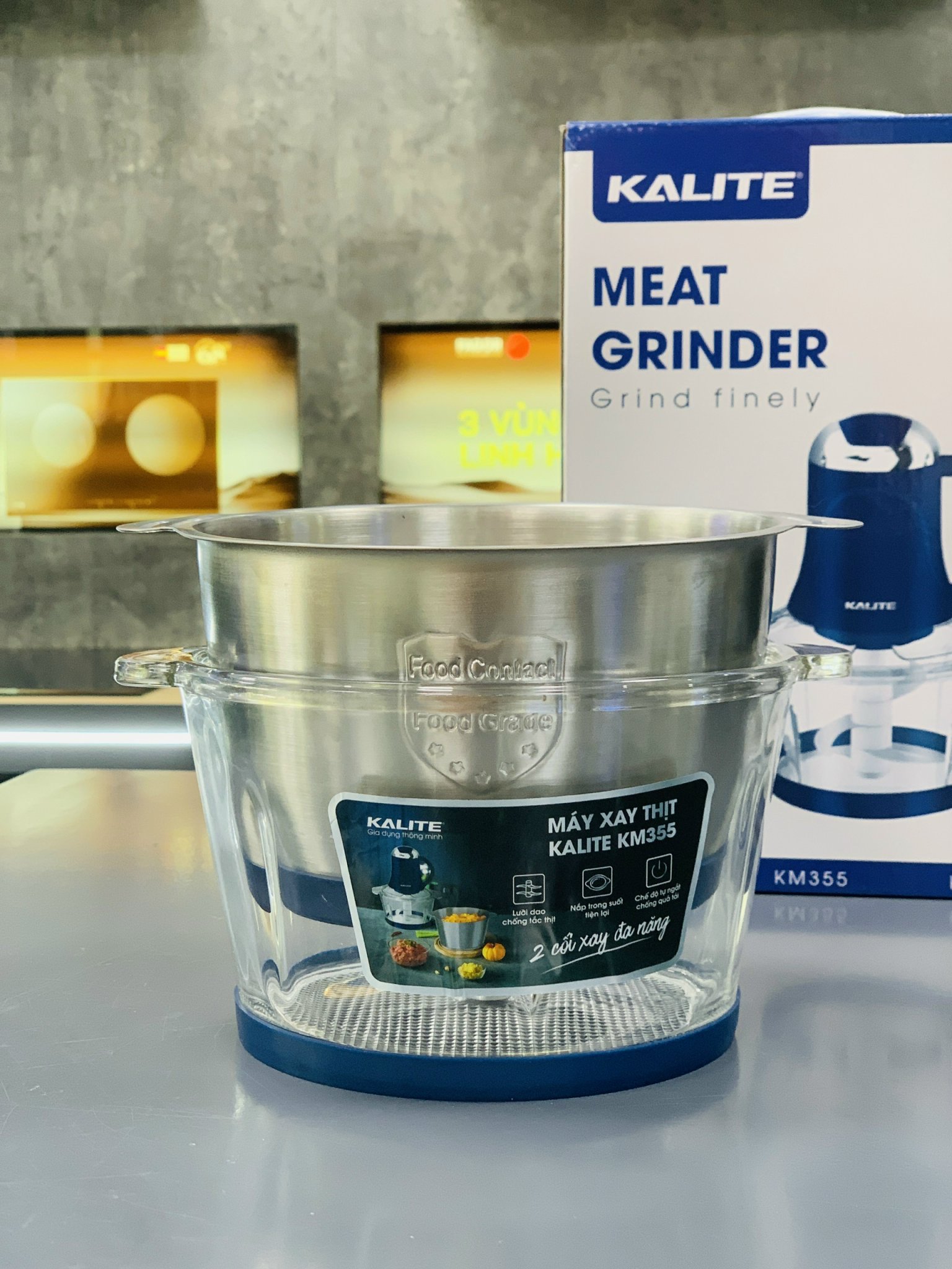 Máy Xay Thịt 2 Cối inox &amp; Thủy Tinh Kalite KM355 (Model 2024) Đa năng, 2.0L - Công Suất 300W, Kèm Dụng Cụ Bóc Tỏi- Hàng Chính Hãng