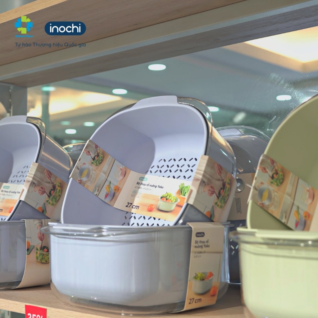 Bộ thau rổ nhựa vuông inochi Yoko chính hãng, rổ to kèm thau trong suốt đựng rửa rau tiện lợi, an toàn, kháng khuẩn - Tặng kèm hình dán sticker