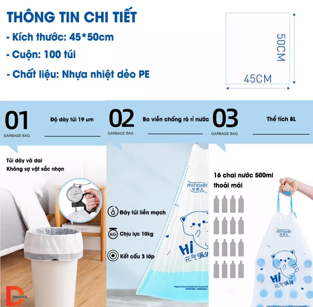 CUỘN 100 TÚI RÁC NHỰA DẺO CÓ DÂY RÚT, KHÔNG RÒ RỈ NƯỚC, KHÔNG SỢ BẨN TAY