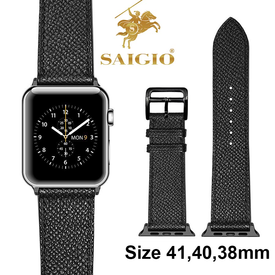 Dây Đồng Hồ Apple Watch 41mm 40mm 38mm, Chất Liệu Da Bê EPSOM Thảo Mộc Cao Cấp, Nhập Khẩu Từ Châu Âu, Dây Đeo Phong Cách Hiện Đại và Sang Trọng, Tương Thích Các Phiên Bản Series 8/7/6/5/4/3/2/1/SE/SE2 - Đen - ADAPTER ĐEN