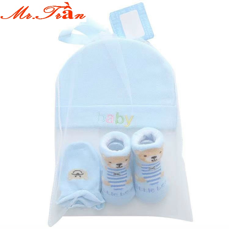 Set 3 món cao cấp dùng cho bé sơ sinh gồm tất, bao tay, mũ thóp vải cotton mềm mịn cho bé sơ sinh