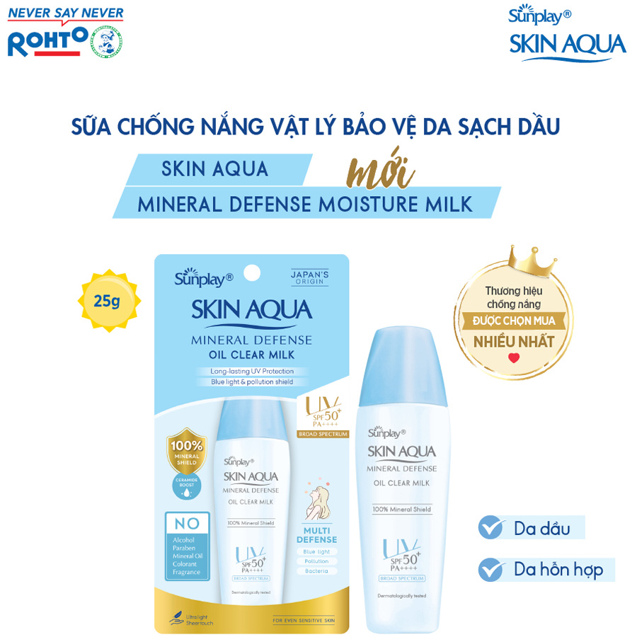 Kem chống nắng vật lý Skin Aqua kiềm dầu, dạng sữa dùng hàng ngày Sunplay Skin Aqua Mineral Defense Oil Clear Milk SPF50+ PA++++ 25g