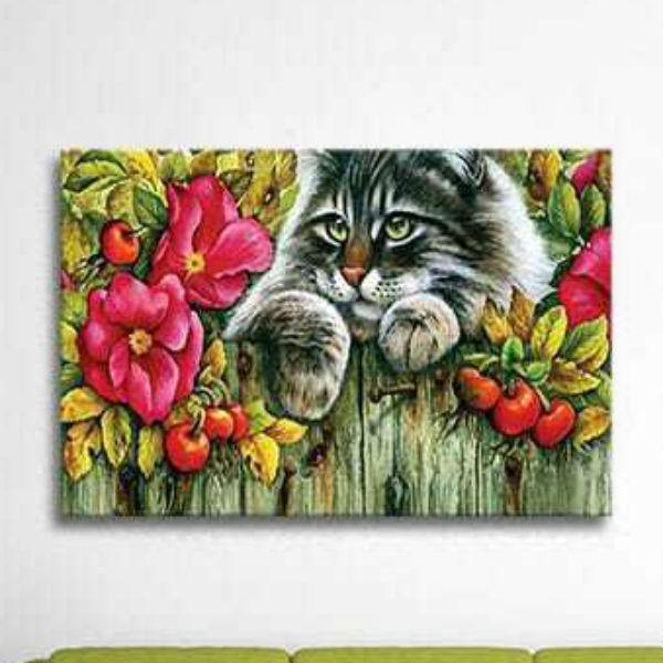 Bộ 2 Tranh Canvas Không Viền Treo Tường Hình Thú " Mèo Và Hoa" W503