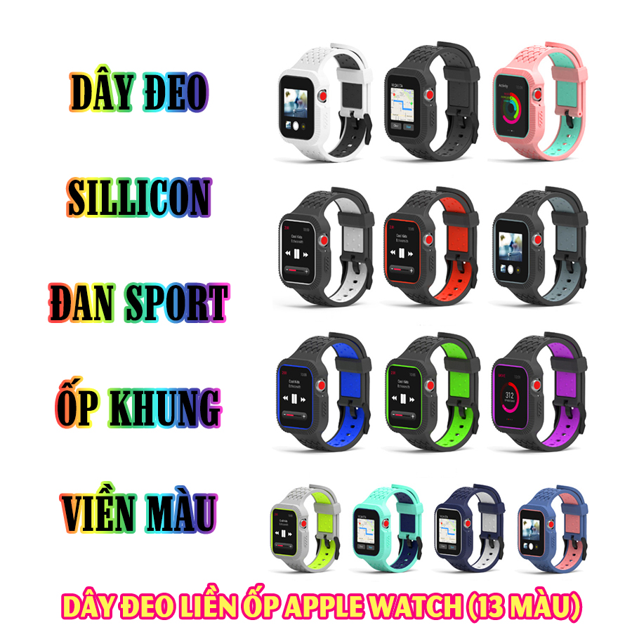 Dây Đeo liền ốp cho dành Apple Watch 7/6/5/4/3/2/1 size 38/40/41/42/44/45mm Đan Sport silicon khung viền màu - nhiều màu (tặng cường lực dẻo theo size)