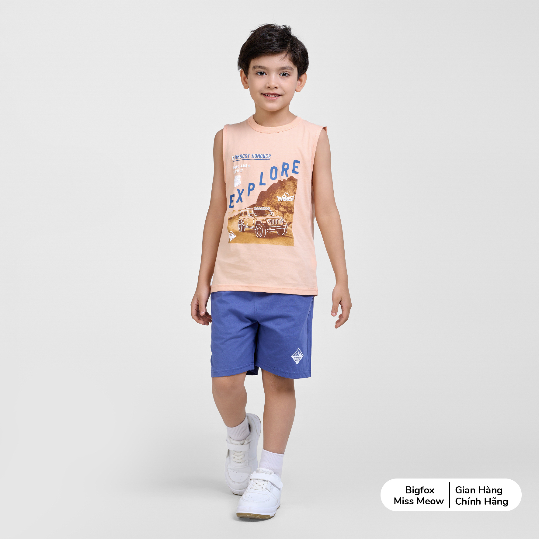 Bộ ba lỗ bé trai chất cotton Bigfox Miss Meow in ô tô size đại cỡ 3,7,9,11 tuổi 30kg 40kg
