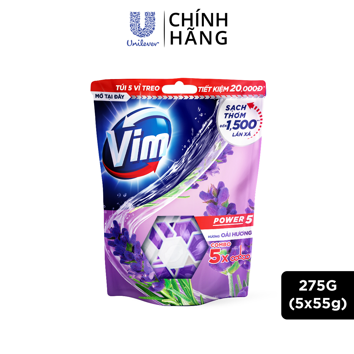 Combo 5 Bộ Viên tẩy bồn cầu Vim Power 5 Hương Lavender 275G (5x55G)