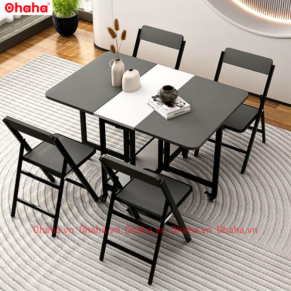 [Kèm Ảnh Thực Tế - Miễn phí vận chuyển &amp; Lắp đặt] BÀN ĂN GẤP GỌN THÔNG MINH CÓ GHẾ VÀ BÁNH XE OHAHA - BA023