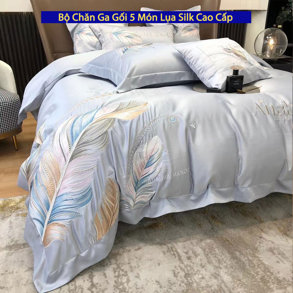 Bộ Chăn Ga Gối Đệm 5 Món Lụa Silk Anabele Cao Cấp Chuẩn Khách Sạn 5 Sao Bộ Drap Ra Ga Nệm Trải Giường