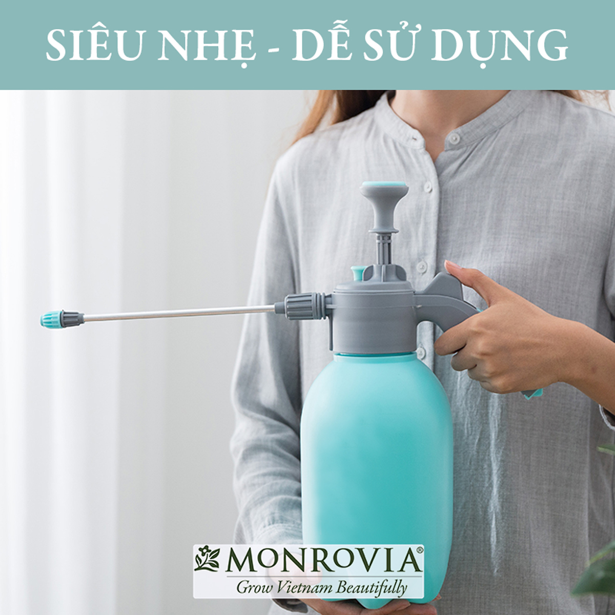 Bình xịt tưới cây MONROVIA 2 lít, phun sương tưới cây cảnh, vòi dài, tặng vòi ngắn, màu xanh, tiêu chuẩn Châu Âu