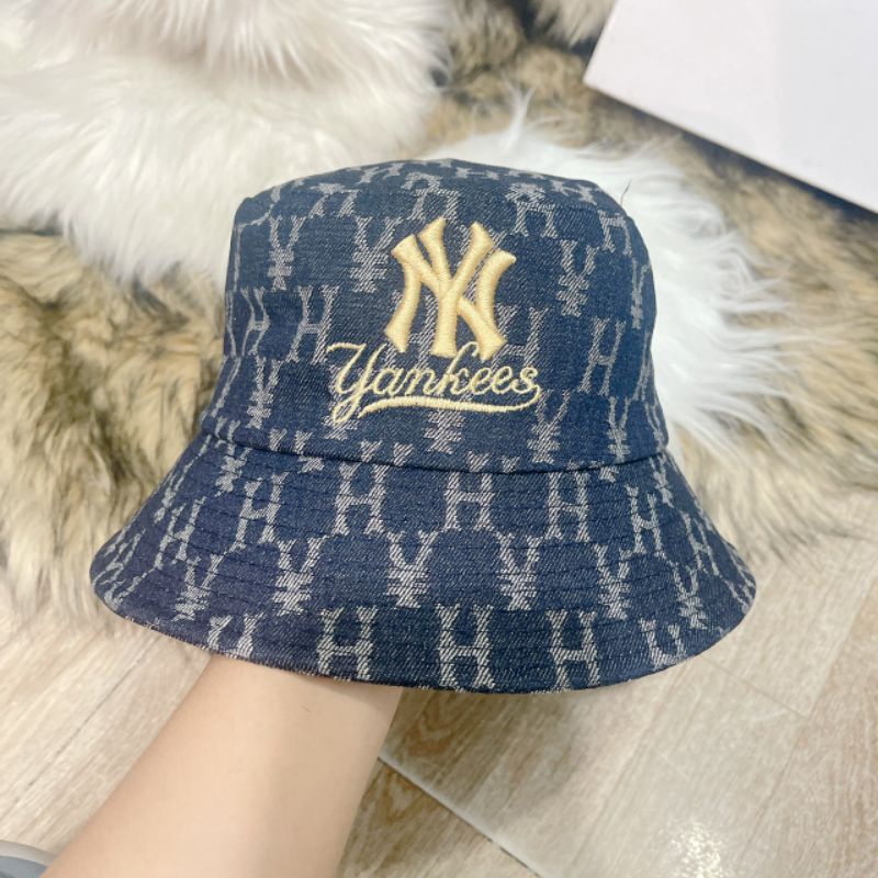 (Hàng VNXK) Mũ Bucket vành tròn NY Monogram vải JEAN dày thời trang (Ảnh thật)