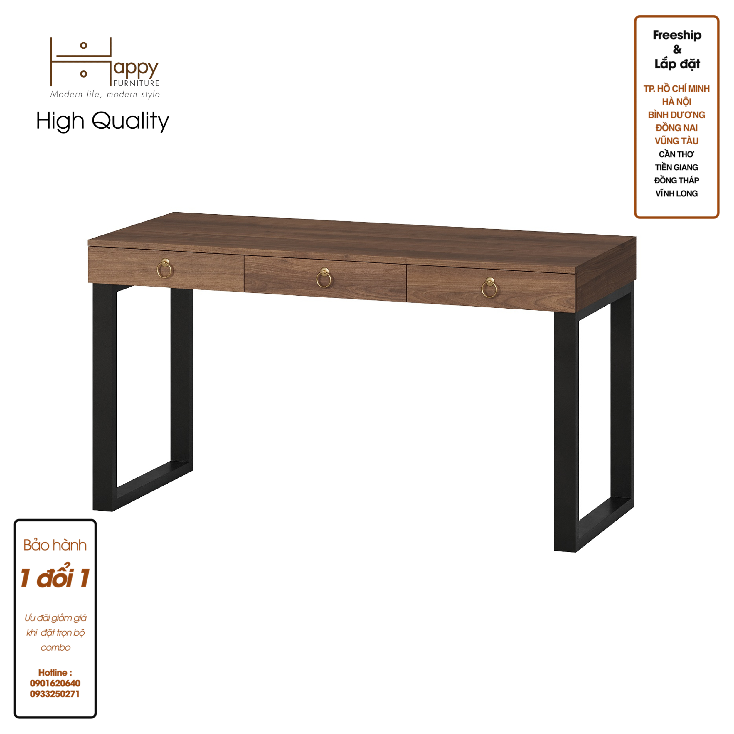 [Happy Home Furniture] WESLEY, Bàn làm việc chân sắt - 3 ngăn kéo,  140cm x 59cm x 75cm ( DxRxC), BAN_012