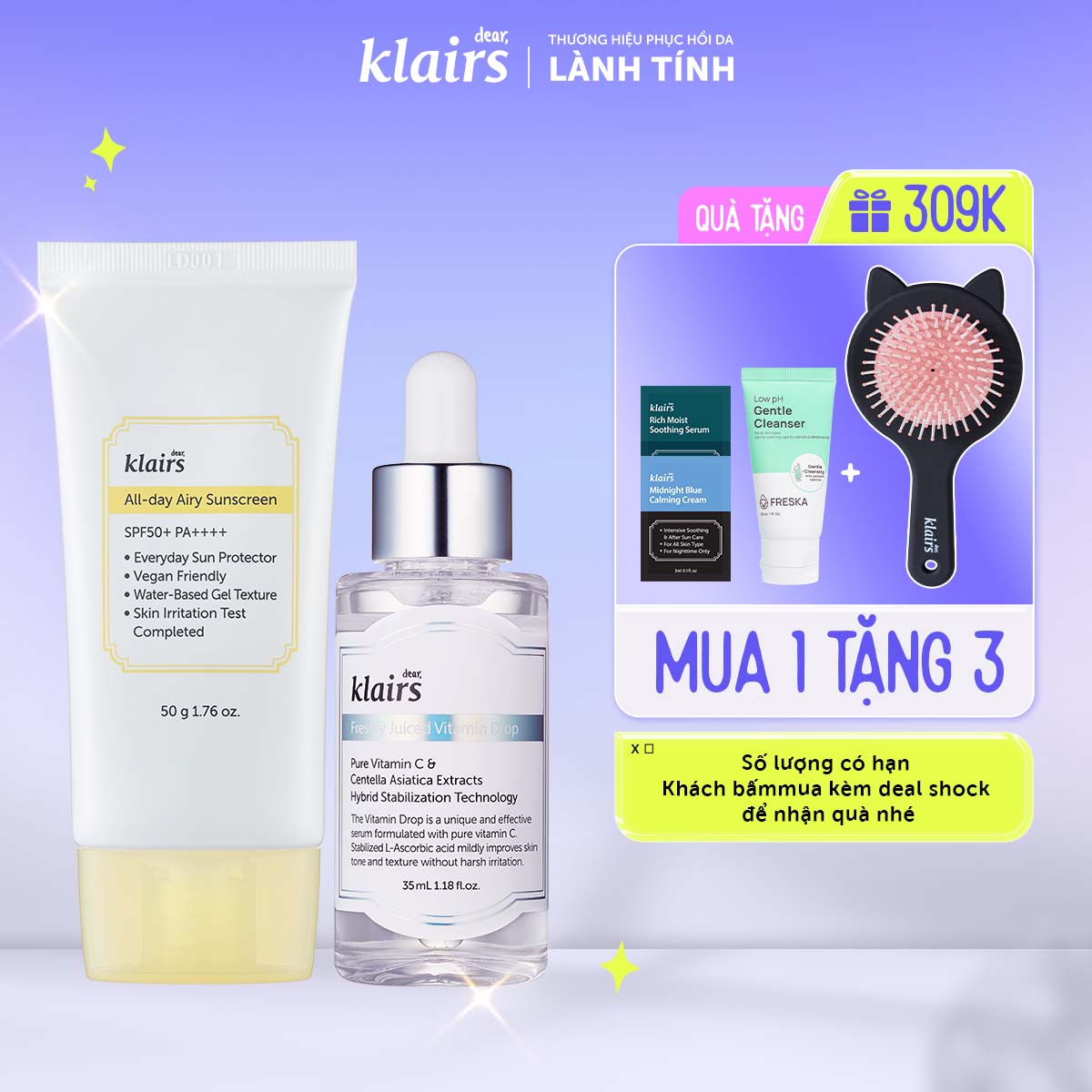 Combo Dear, Klairs Kem chống nắng All-day Airy Sunscreen SPF50+ PA++++ 50g+Tinh chất Freshly Juiced Vitamin C 35ml
