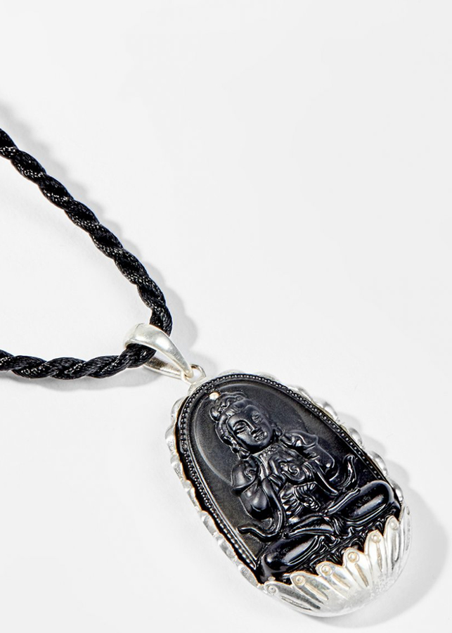Mặt Dây Chuyền Phong Thủy Đá Obsidian Phật Bản Mệnh Tuổi Mùi,Thân Như Lai Đại Nhật Bọc Bạc Ngọc Quý Gemstones