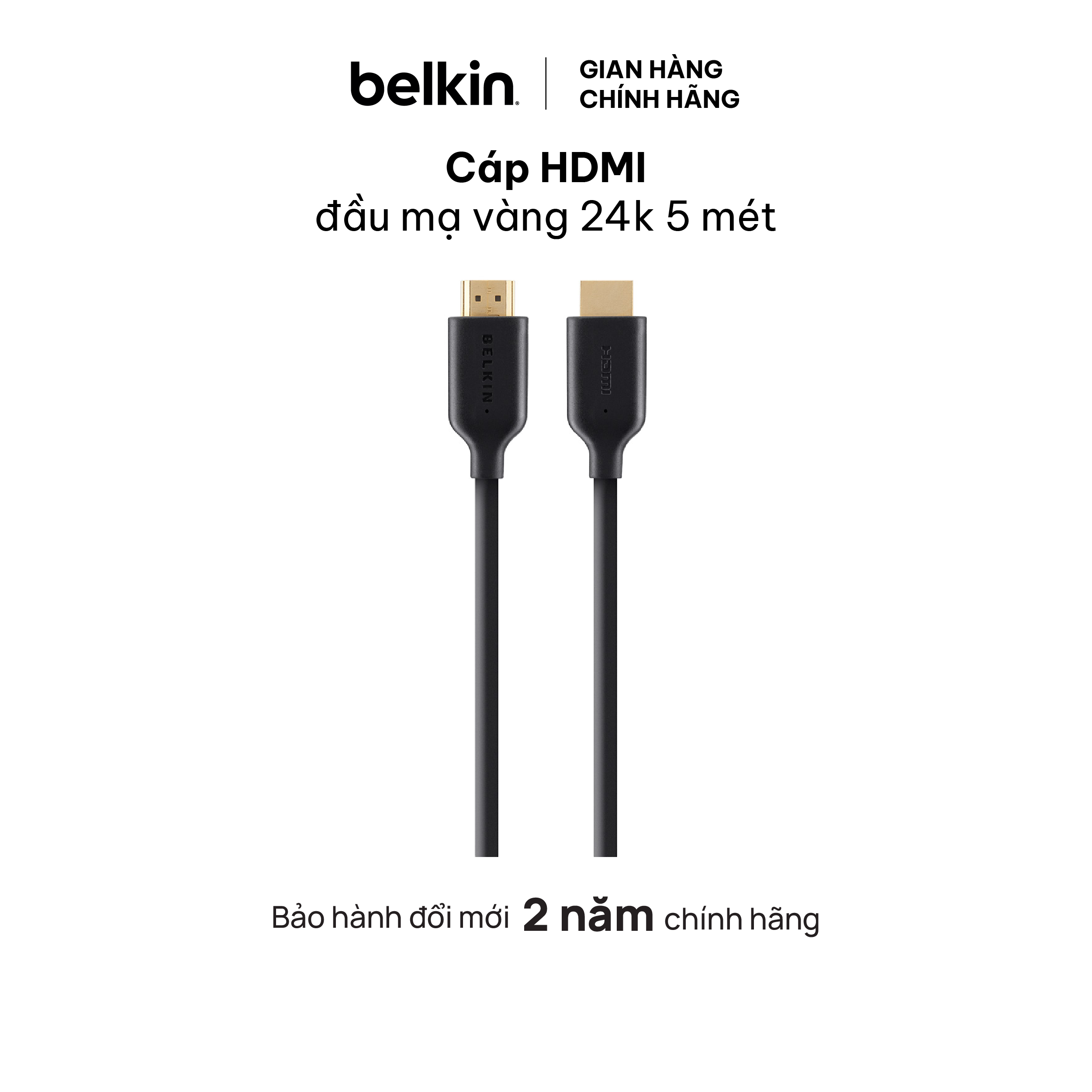 Cáp HDMI Belkin đầu mạ vàng 24k, 5 mét, tốc độ cao, Full HD - Hàng Chính Hãng - F3Y021bt5M