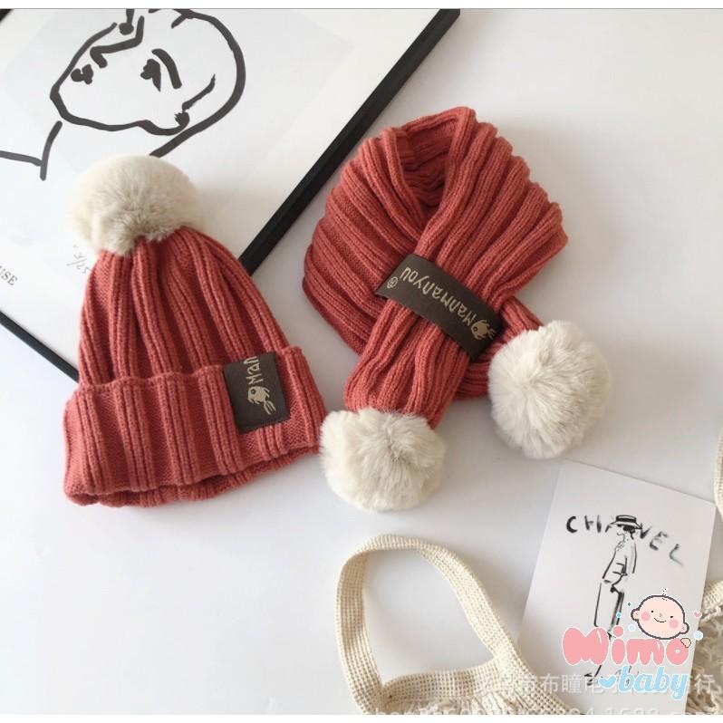 Set khăn mũ len trẻ em đính bông lớn len sọc dọc
