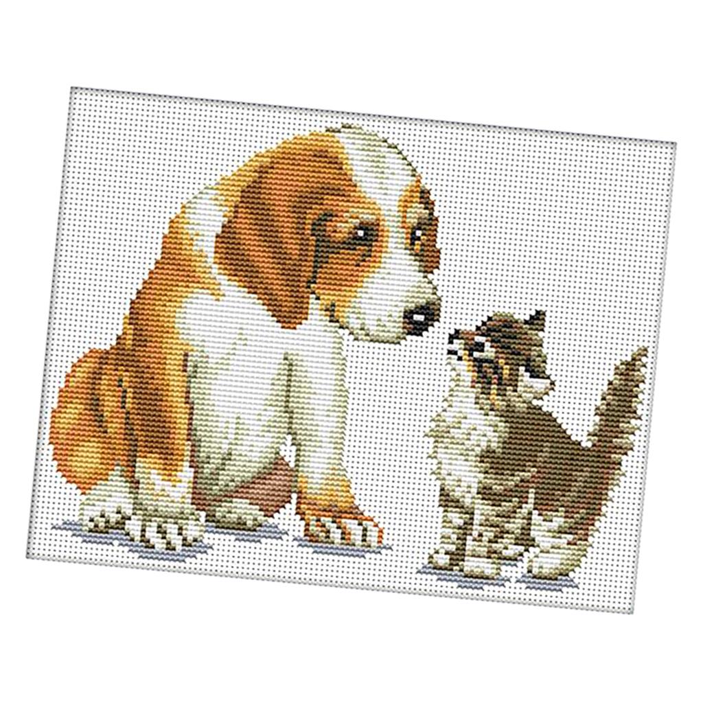 DIY Stamped Cross Stitch Kit Pre-Printed Pattern - Dog Cat 11 Count 35x29cm