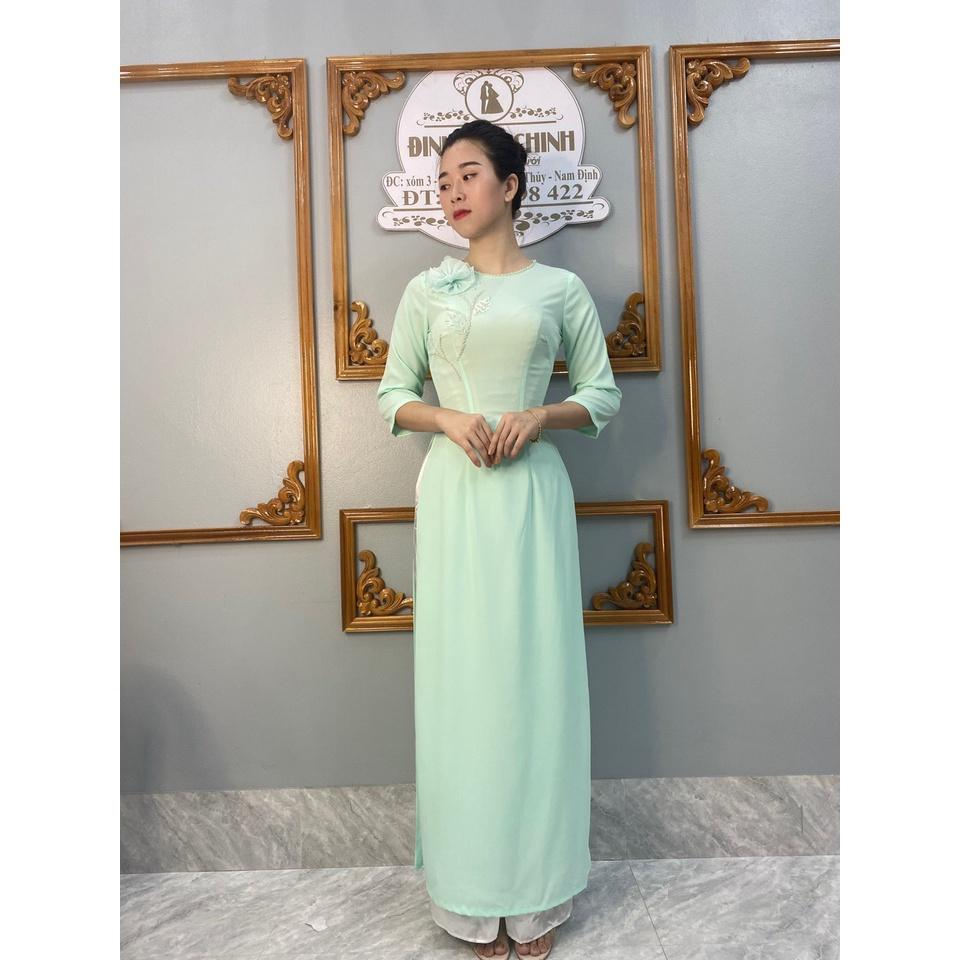 Áo dài thiết kế hoa nổi _Duy Chinh_ADHN0001_Tông Màu Xanh Ngọc