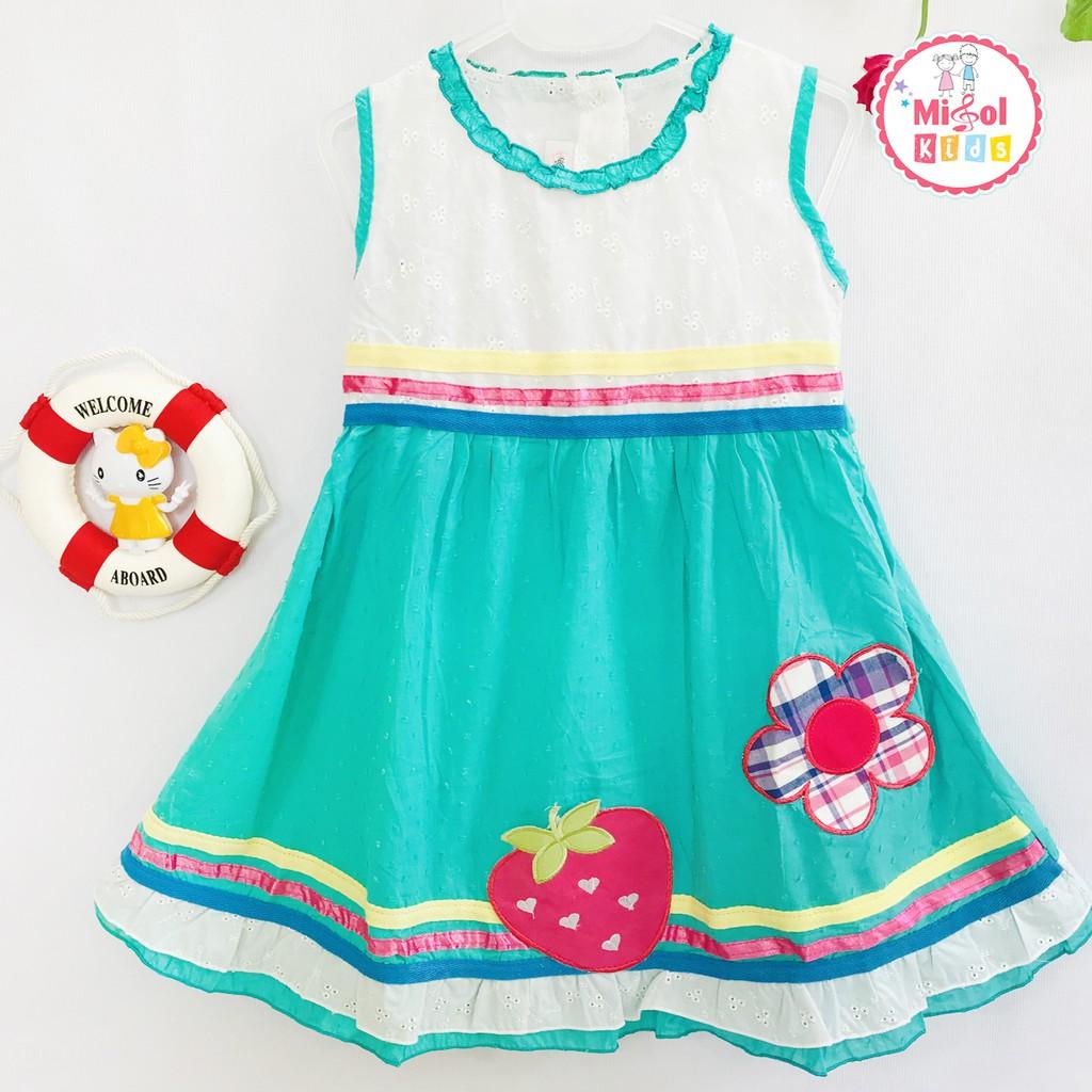 Đầm bé gái xanh phối trắng thêu dâu
