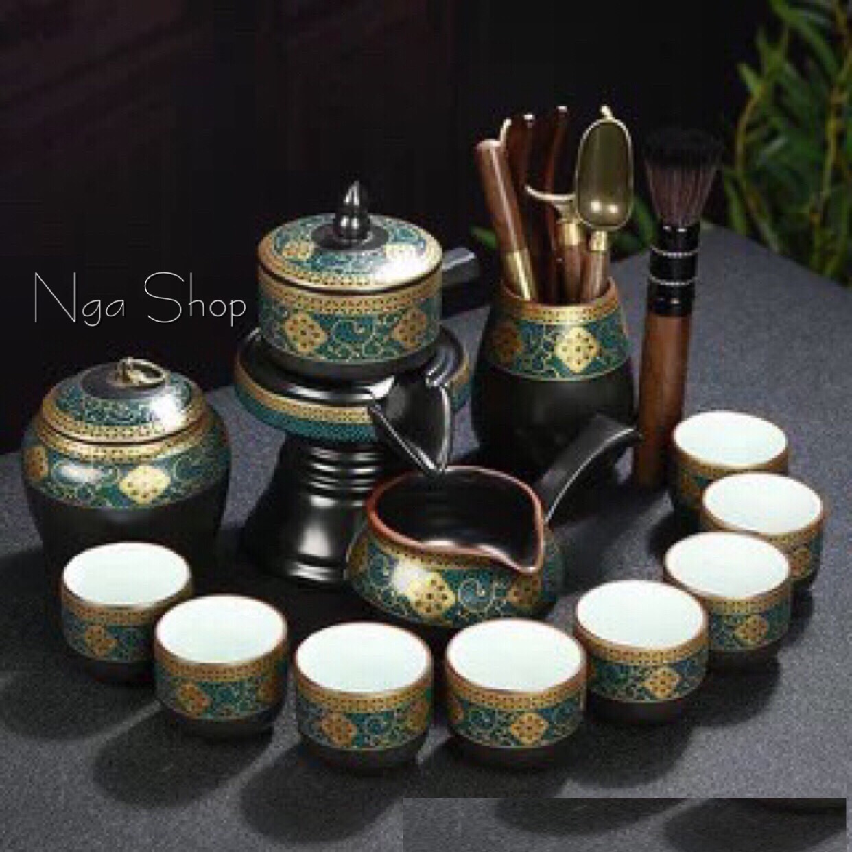 Bộ ấm chén uống trà đẹp sang trọng cối xay Tử sa gốm sứ cao cấp,phong cách pha trà đạo cổ xưa độc lạ 19 chi tiết hoa cẩm vần cổ lòng chén trắng
