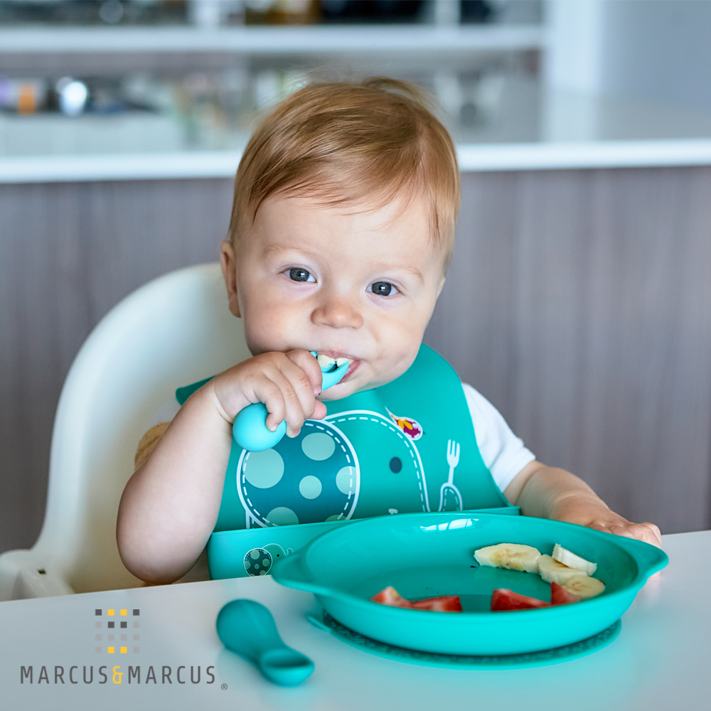 Bộ thìa nĩa tập ăn silicon cho bé Palm Grasp Marcus &amp; Marcus, từ 12 tháng