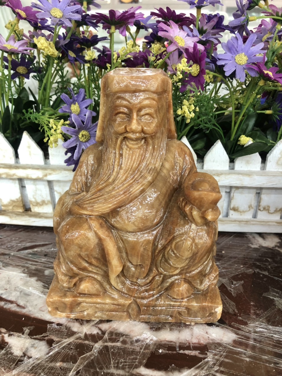 Tượng hai ông Thần Tài Thổ Địa thờ cúng đá cẩm thạch vân gỗ - Cao 15 cm