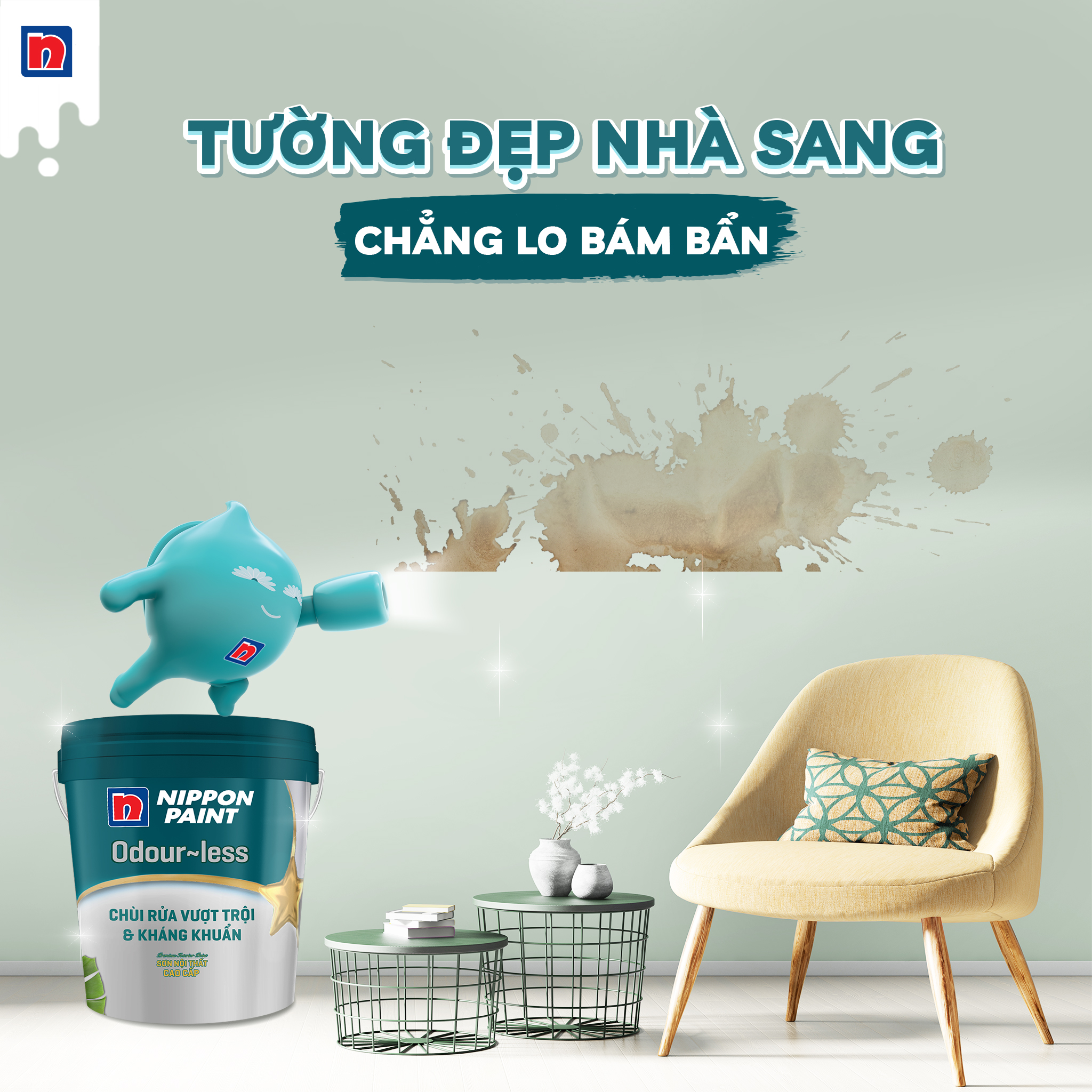 Sơn nước nội thất - Siêu cao cấp - Nippon Odour~less -Chùi rửa- Kháng khuẩn - Bề mặt mờ - 5L