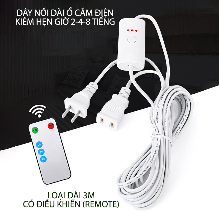 Ổ cắm nối dài kiêm hẹn giờ tự tắt 2-4-8 giờ, dài 3.0m, loại có hoặc không có remote tùy chọn