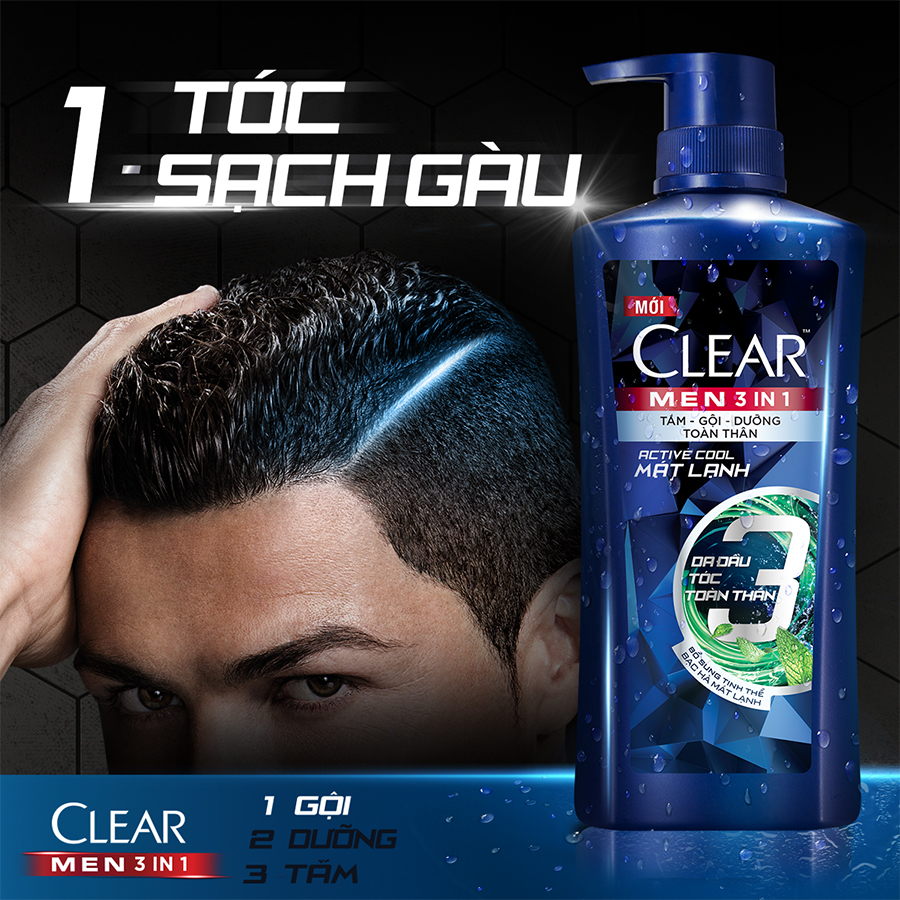 Dầu Tắm Gội Clear Men 3 Trong 1 - Active Cool Mát Lạnh (630g)