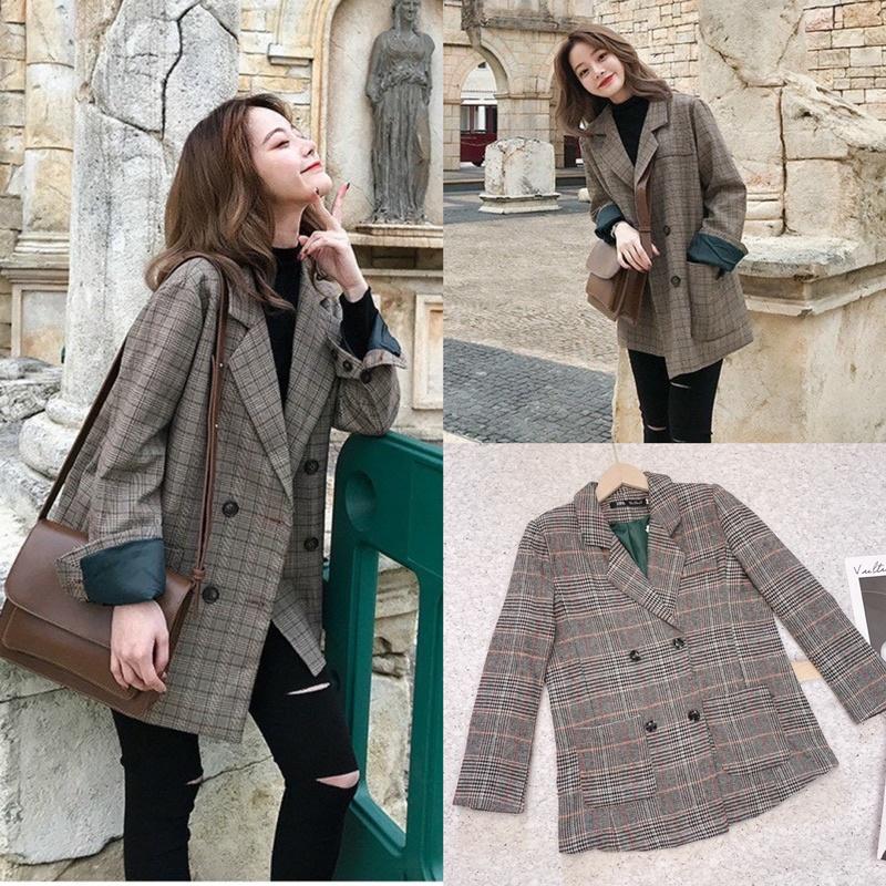 Áo blazer dạ kẻ style hàn cho nữ