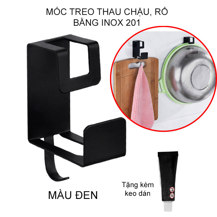 Móc treo chậu thau, rổ giá bằng inox, treo đồ gia dụng đa năng nhà bếp, nhà tắm, gắn tường bằng keo