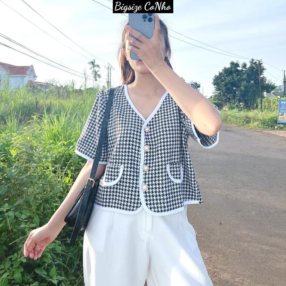 Áo dạ bigsize nữ 58-95kg cộc tay nút ngọc chất dạ tweed, Áo kiểu nữ big size form rộng AO DA - Màu nâu