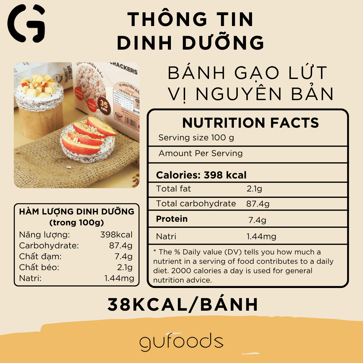 Bánh gạo lứt GUfoods vị Nguyên bản - Không chiên dầu, Không đường, Lành mạnh, Phù hợp Eat clean, Ăn vặt healthy, Thực dưỡng, Tập gym, Thuần chay