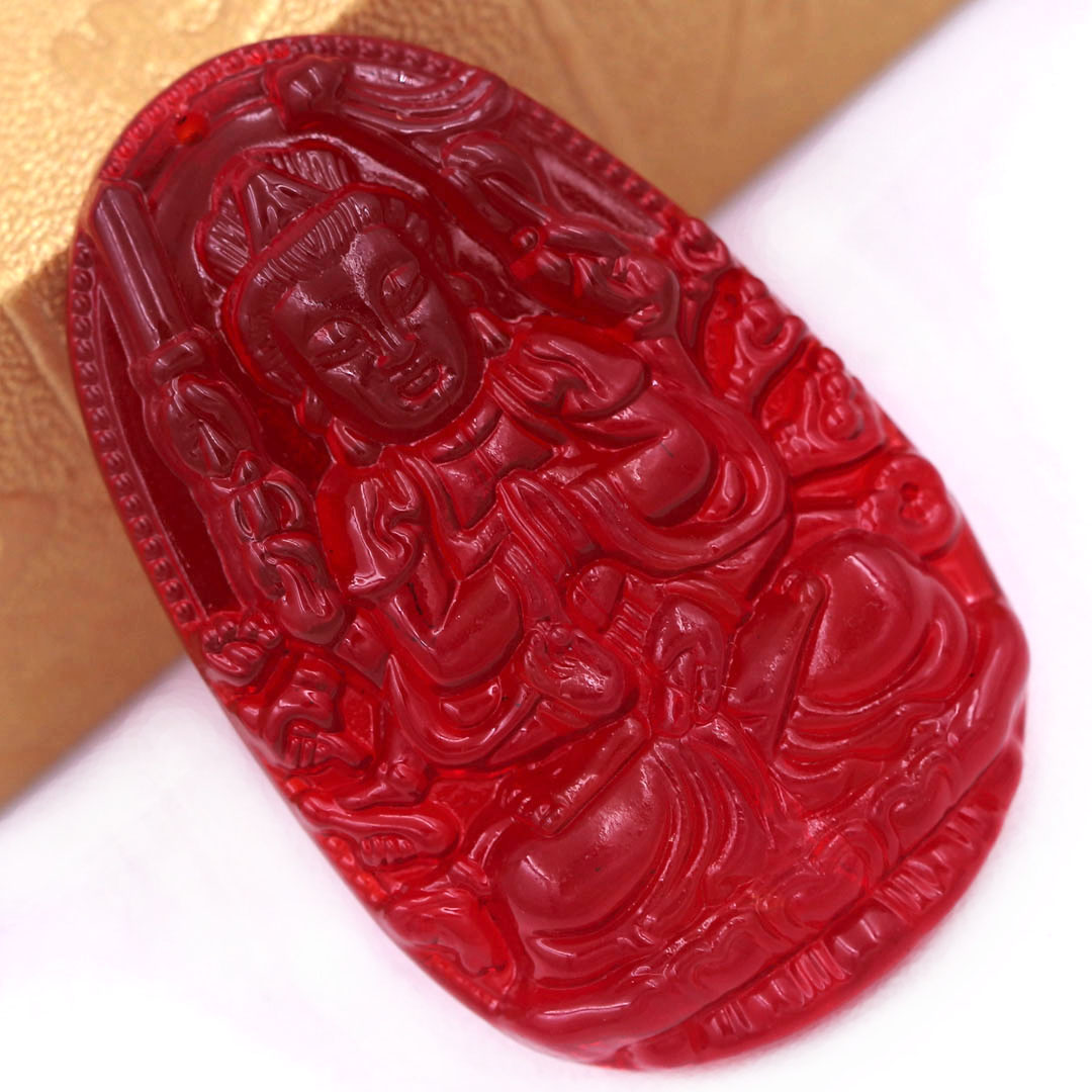 Mặt Phật Quan âm nghìn tay nghìn mắt pha lê đỏ 1.9cm x 3cm  kèm vòng cổ dây cao su đen + móc inox vàng, Mặt Phật Quan âm