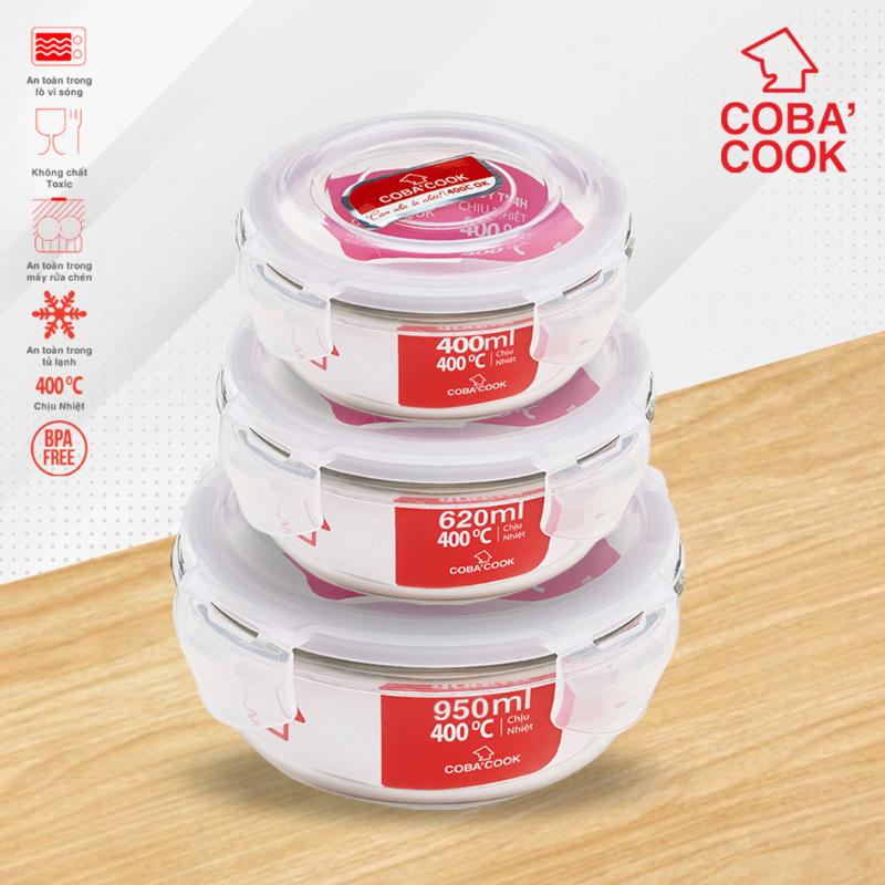 Bộ 3 hộp đựng cơm trữ thức ăn thực phẩm trong tủ lạnh thủy tinh chịu nhiệt COBACOOK hình tròn- CCR4R6R93