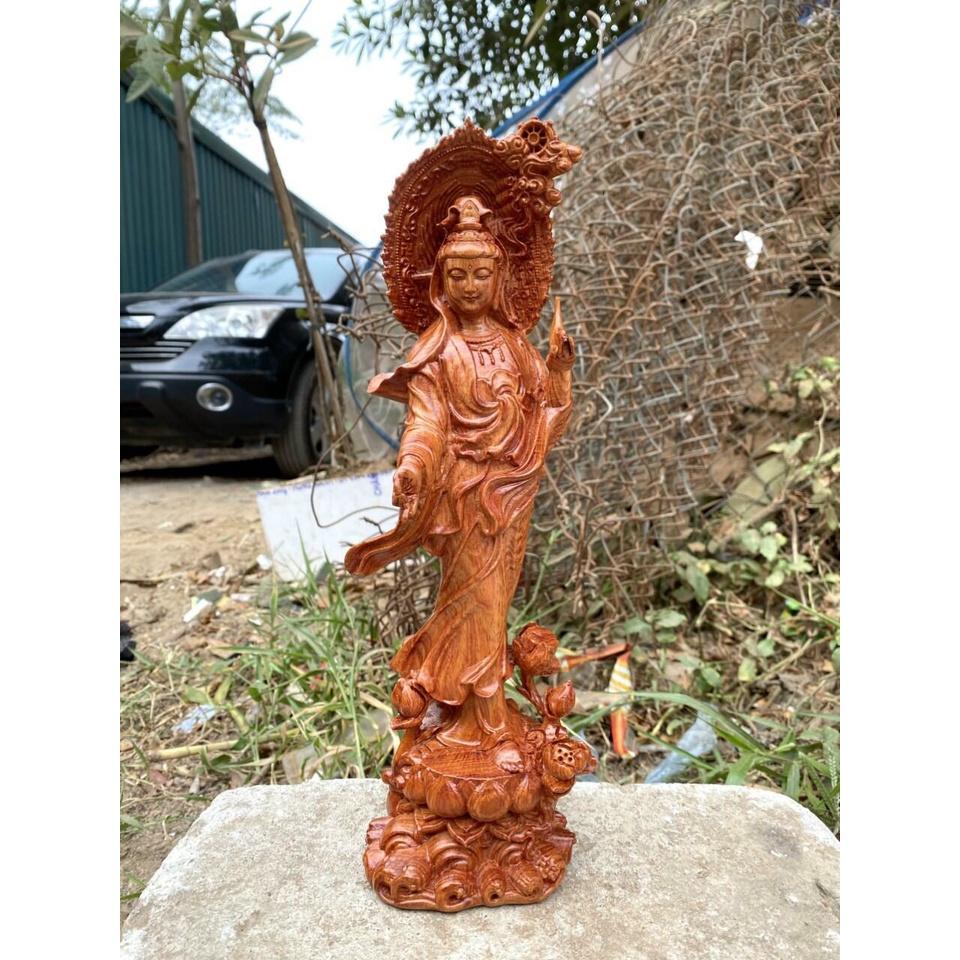Tượng phật bà quan âm bồ tát bằng gỗ hương đá liền khối kt 30×9×10cm