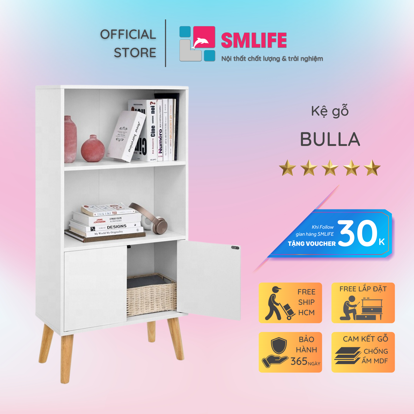 Kệ sách, kệ trang trí gỗ hiện đại SMLIFE Bulla | Gỗ MDF dày 17mm chống ẩm | D60xR30xC120cm