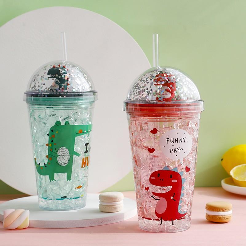 Cốc Uống Nước Cute Có Nắp Và Ống Hút 500ml, Ly Uống Nước Họa Tiết Kim Tuyến Khủng Long Dễ Thương