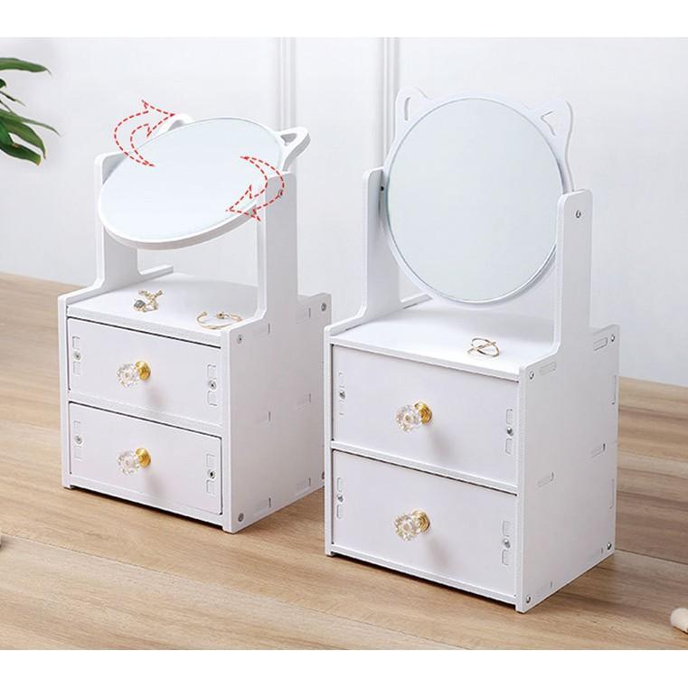 Kệ Mỹ Phẩm, Tủ Đựng Mỹ Phẩm 2 Tầng Có Gương Trang Điểm Hình Tai Mèo Dễ Thương
