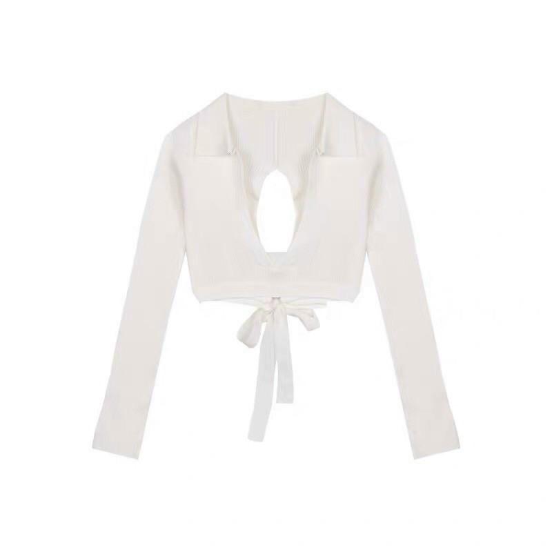 Áo croptop tay dài polo hở lưng siêu sẽy-B5N