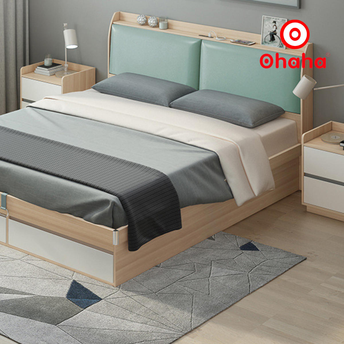 Hình ảnh [Miễn phí vận chuyển & lắp đặt] Giường ngủ thông minh cao cấp bọc nệm đầu giường có hộc kéo gỗ công nghiệp Ohaha - GN016