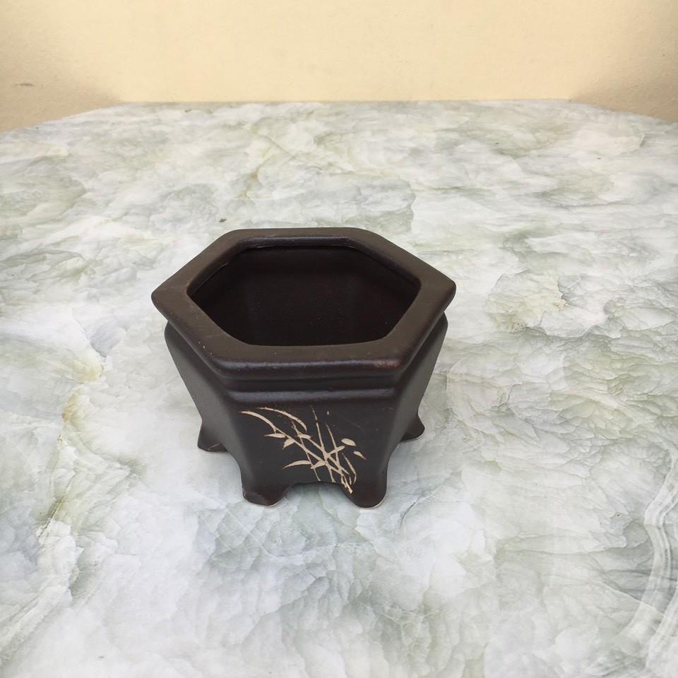 Chậu bonsai Lục giác khắc mini đất nung gốm Bát tràng 1 size BM-130