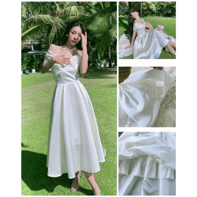TTL đầm xòe midi trắng nơ ngực trễ vai tiểu thư dự tiệc váy cưới cô dâu có mút nhún xoắn ngực