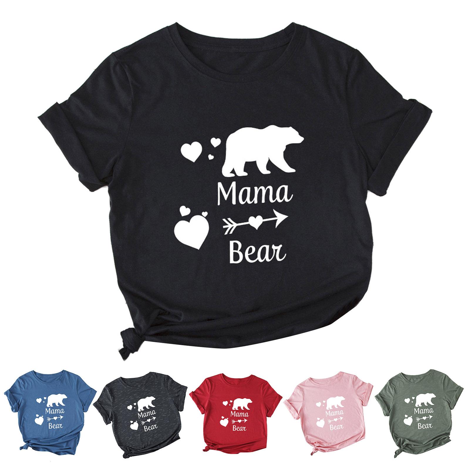 Women Cotton T-Shirt Heart Polar Bear Letter Print O-neck Roll Up Sleeve Shirt Loose Casual Tops for Birthday Mother’s