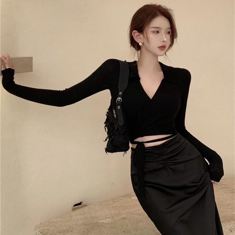 Áo len nữ dệt kim dài tay croptop cổ bẻ xẻ V dây buộc dây hot hit