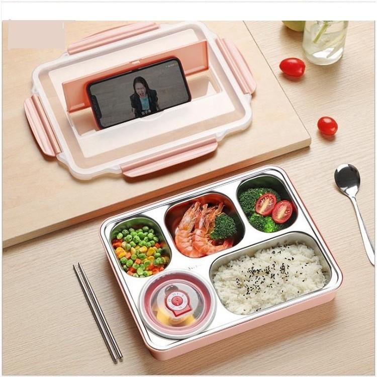 Hộp đựng thức ăn 5 ngăn, có giá để điện thoại tặng đũa và muỗng