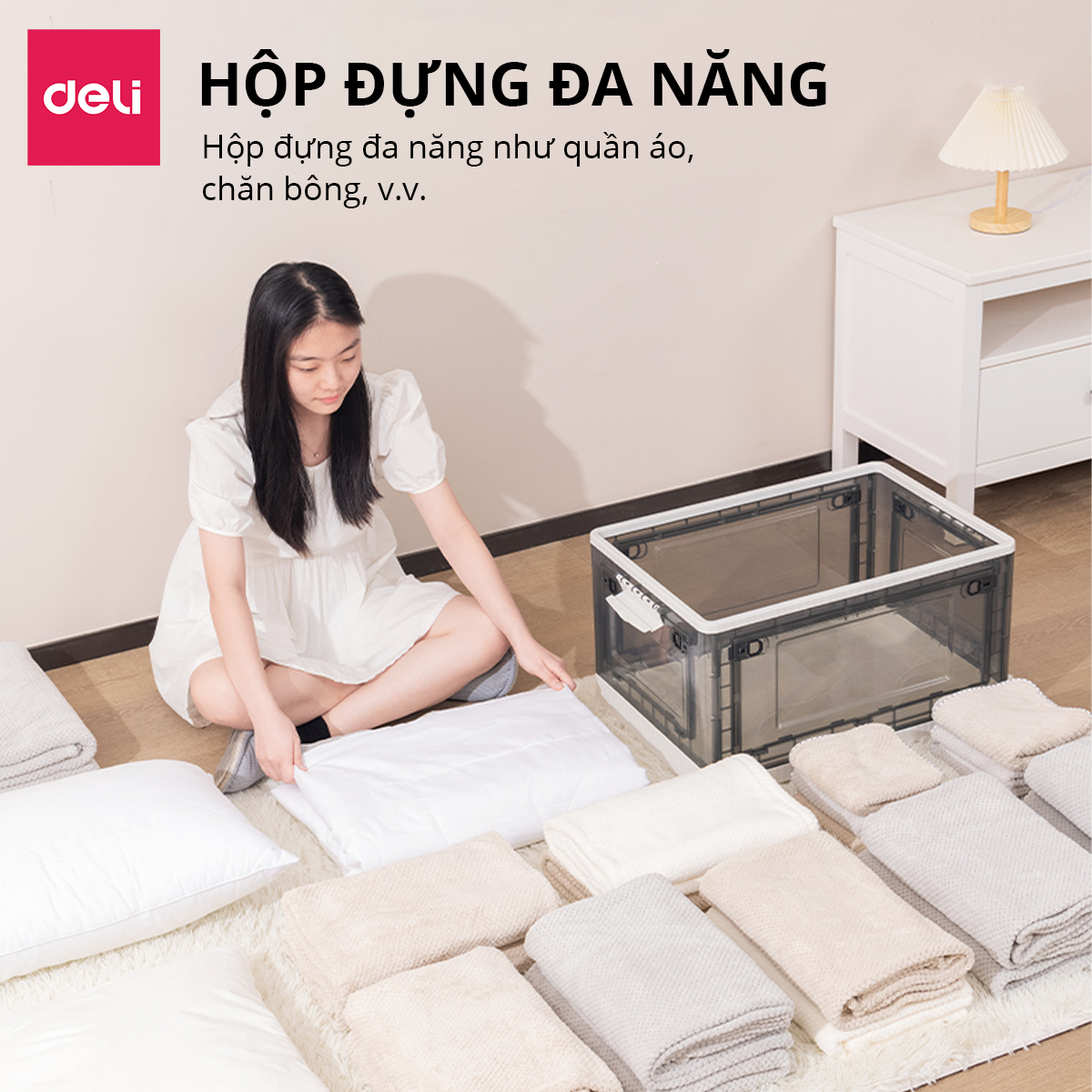 [Có Cỡ Đại 86L] Hộp Nhựa Đựng Đồ Đa Năng Có Nắp Đậy Cao Cấp Nhiều Kích Cỡ Deli - Có Thể Tháo Lắp Tiết Kiệm Không Gian